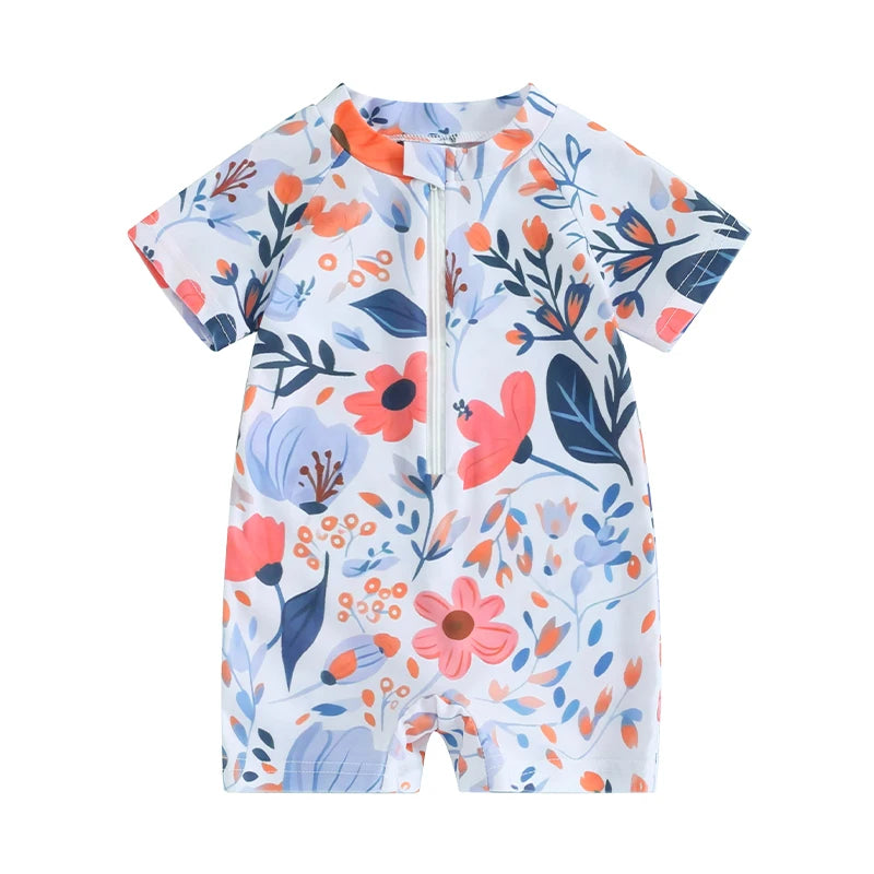 Toddler Girls Rash Guard Swimsuit Rompers Zipper Short Sleeve Floral Print Kids Bathing Suit Baby Swimwear