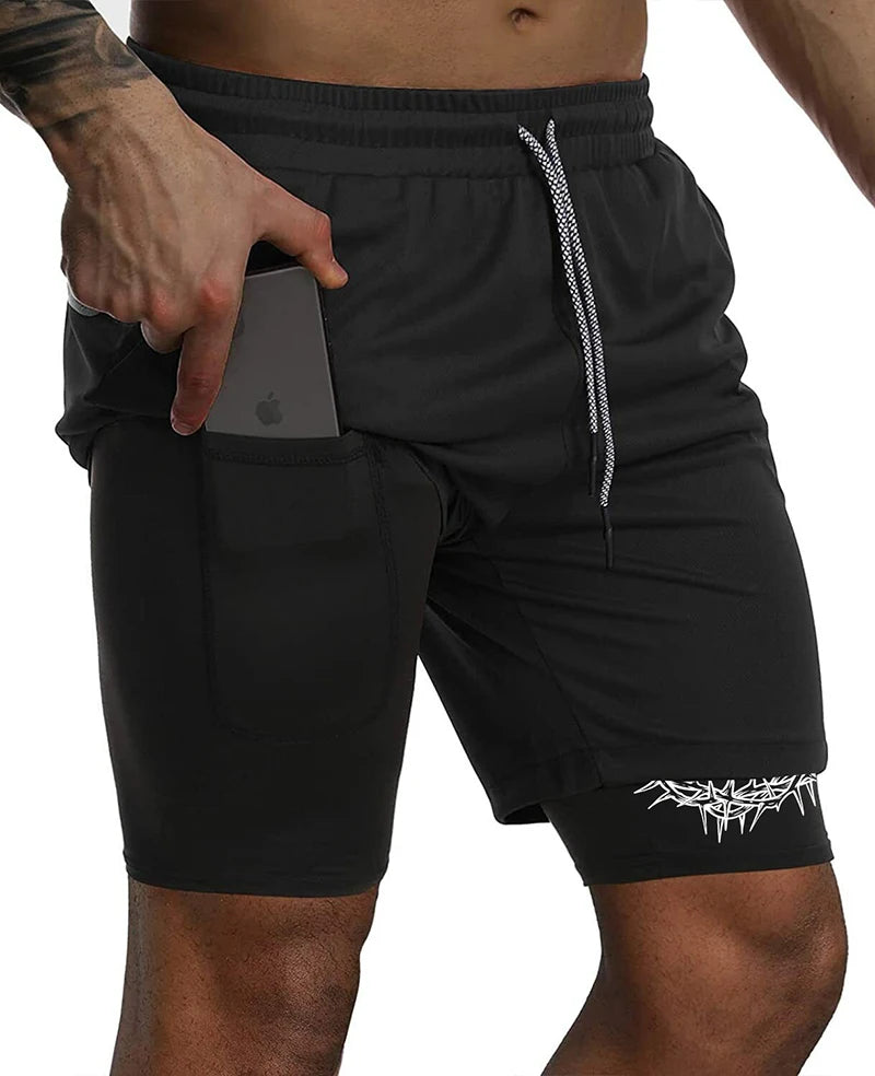 Cross Print 2 in 1 Workout Running Shorts for Men Christian Gym Performance Shorts with Phone Pocket Towel Loop Athletic Outfits