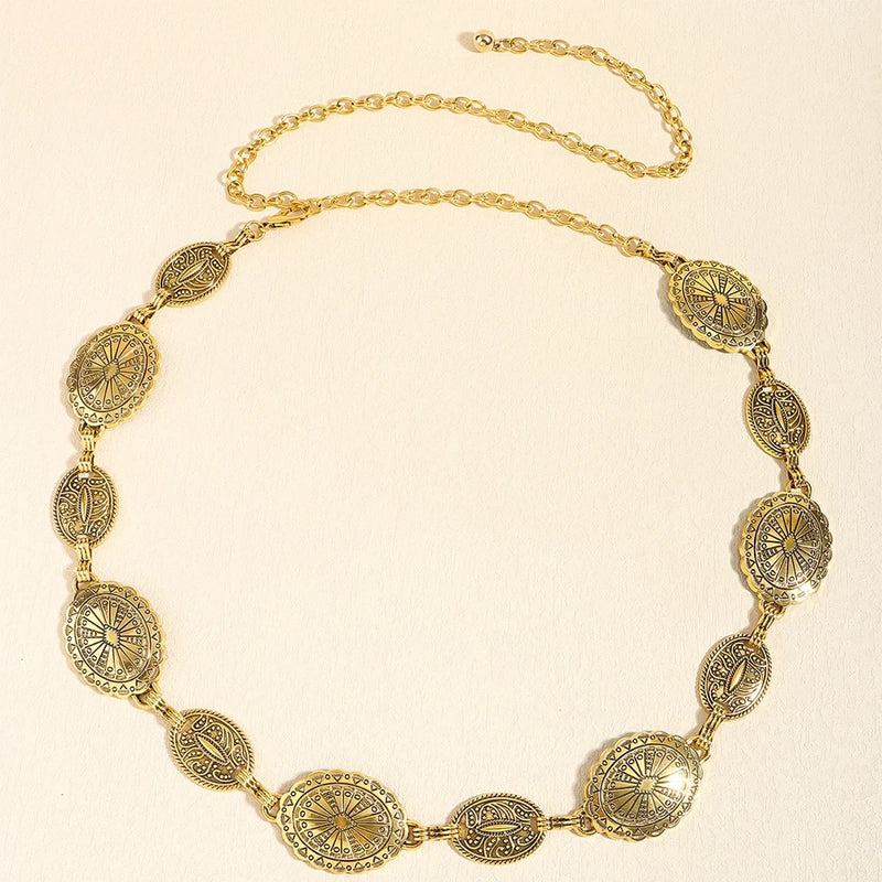 1/2pcs Retro Style WOMEN'S Metal Waist Chain Accessories Decorative Circle Carved Chain Belt High Style Accessories