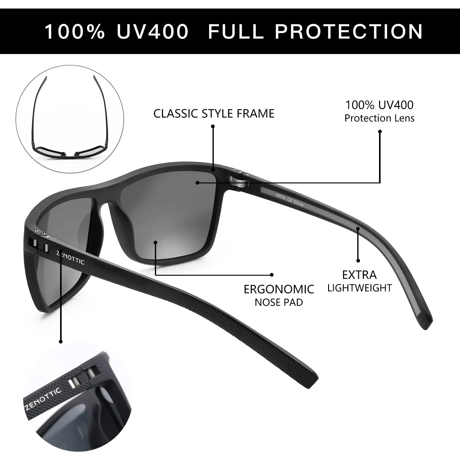 ZENOTTIC Polarized Sunglasses for Men Shades Lightweight TR90 Frame UV400 Protection Square Outdoor Travel Driving Sun Glasses
