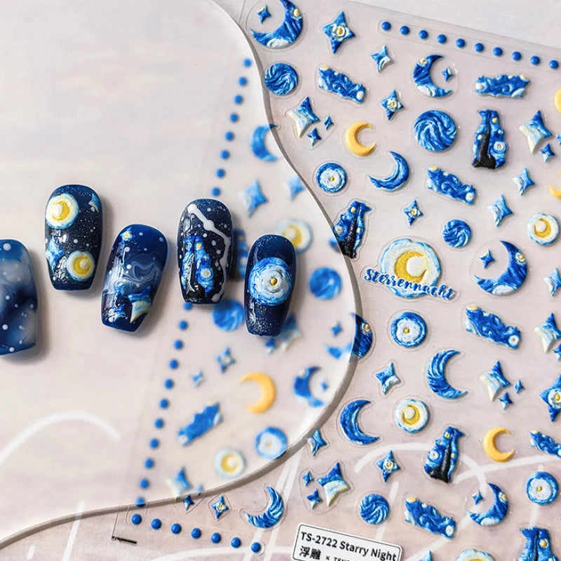 Blue Starry Night 5D Soft Embossed Relief Self Adhesive Nail Art Decoration Stickers Dressy White Stars 3D Manicure Decals Woman