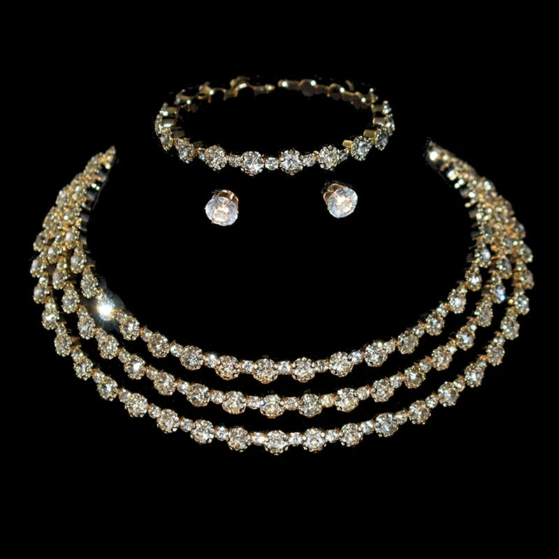 4-piece women's jewelry set with rhinestones, multi-layer collars, earrings, bracelets, wedding party accessories