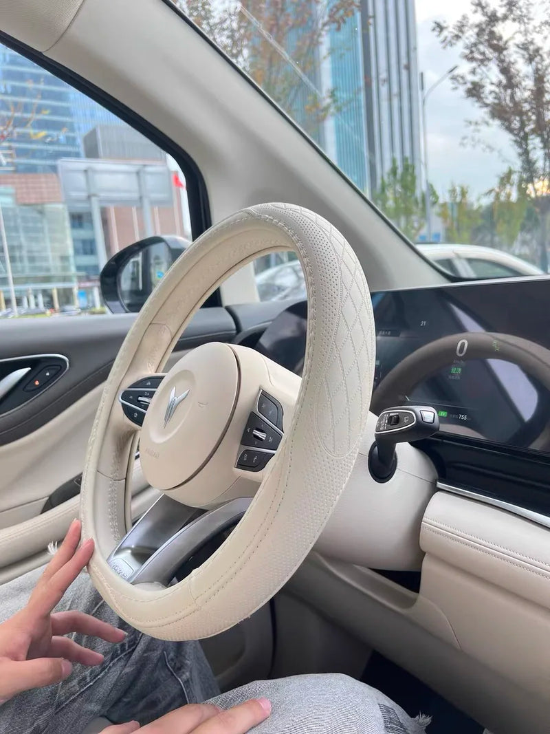 Napa Leather Perforated Patchwork Car Steering Wheel Cover, Non-slip, Breathable, Universal 15 Inch (Approx. 38cm)