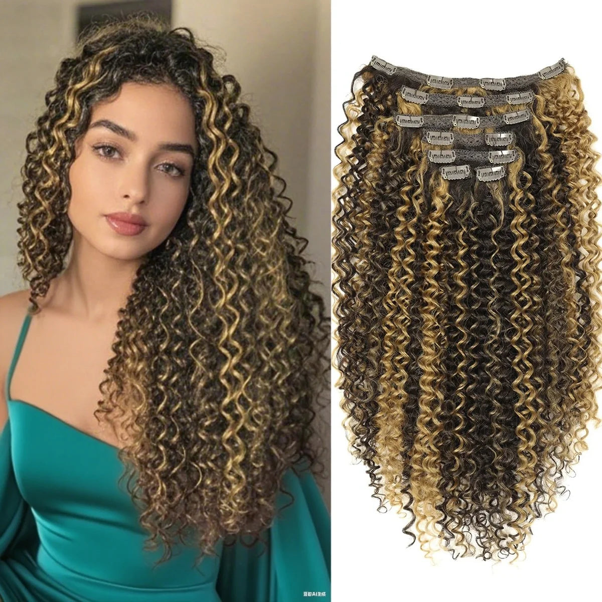 Kit extensões de cabelo cacheado Jerry Curly 65cm clip in 7 peças sintéticas para cabeça completa