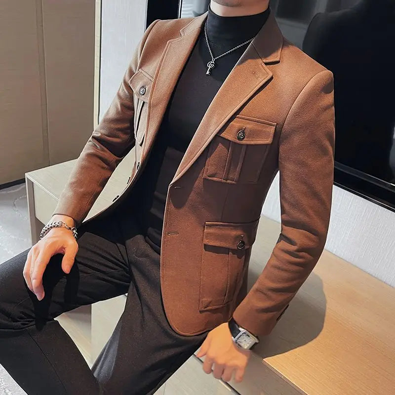 Chaqueta de traje de tweed para hombre, blazer de un solo pecho, gris, moda 2024, abrigo de diseñador de lujo para hombre, ropa de estilo coreano informal