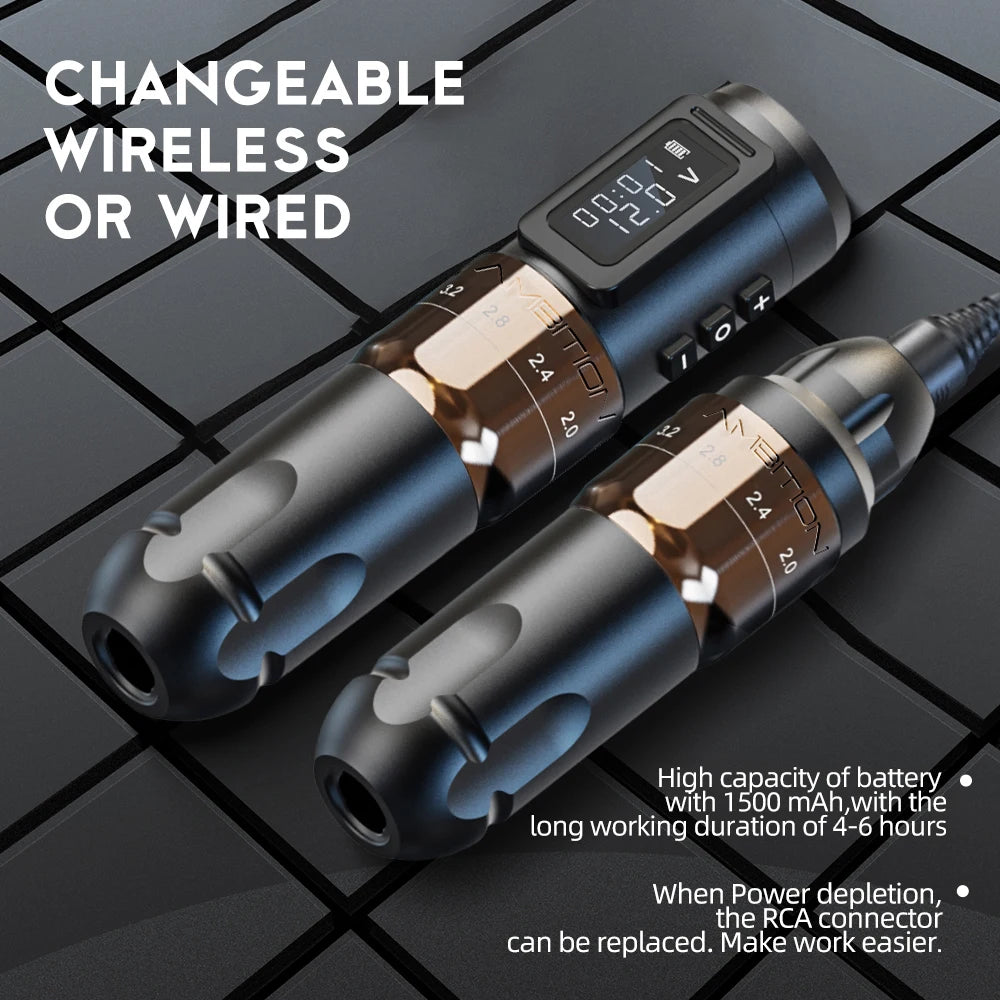Máquina de tatuaje inalámbrica profesional Ambition MARS-U con pluma y trazo ajustable, cartucho de 2-4 mm, motor sin núcleo de 1800 mAh, para artistas del tatuaje
