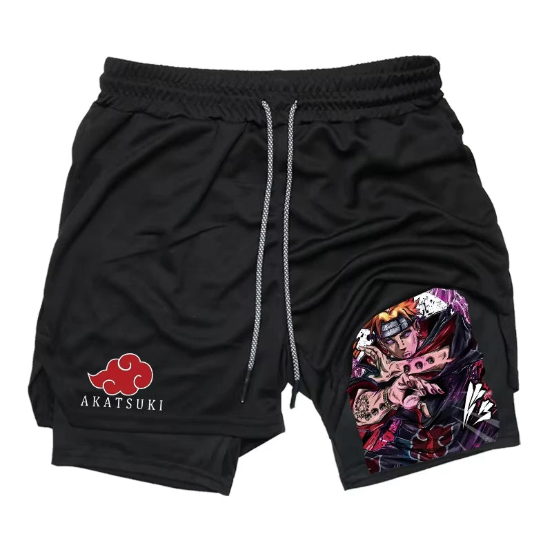 2 in 1 Performance Shorts Athletic Compression Shorts with Towel Loop Pockets Gym Workout Fitness Running Anime Print RL00107