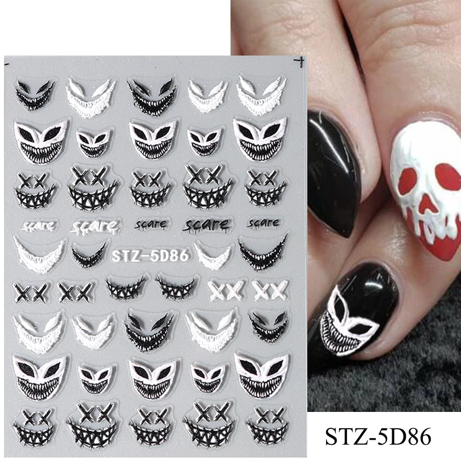 Cinturón negro 5D pegatinas en relieve gótico Halloween estilete calabaza calavera telaraña cremallera manicura uñas gel autoadhesivo decoración