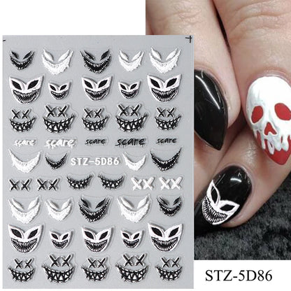 Cinturón negro 5D pegatinas en relieve gótico Halloween estilete calabaza calavera telaraña cremallera manicura uñas gel autoadhesivo decoración