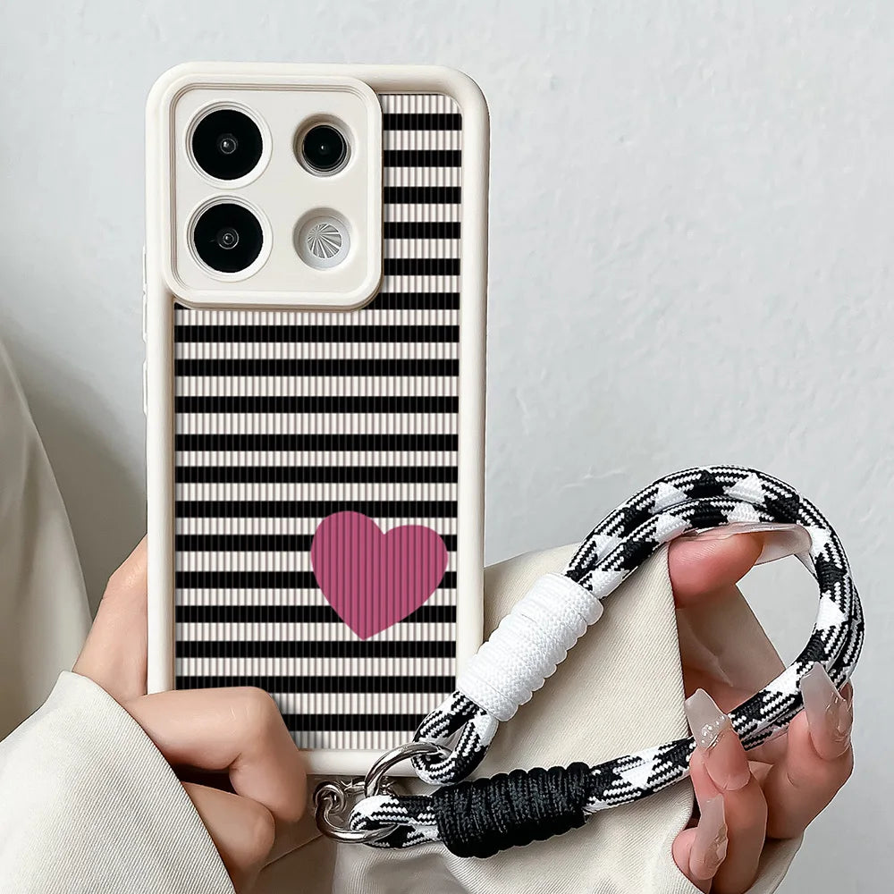 Phone Case For Xiaomi 14T 13T 15 Pro Poco X7 f6 m6 Redmi 14C Note 14 Pro Plus Stripe Love Heart Wrist Chain Strap Lanyard Cover