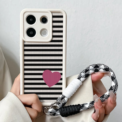 Phone Case For Xiaomi 14T 13T 15 Pro Poco X7 f6 m6 Redmi 14C Note 14 Pro Plus Stripe Love Heart Wrist Chain Strap Lanyard Cover