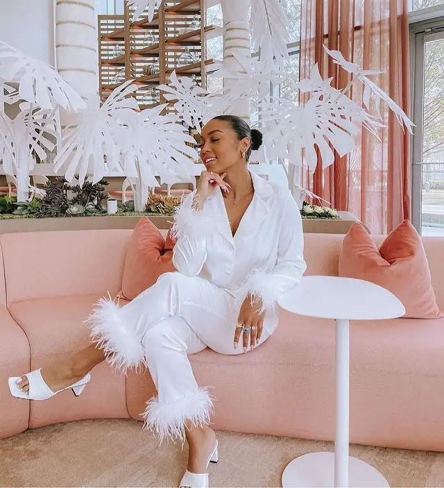 Women's Solid Color Suit Lapel Top Feather Pants Two-Piece Pajama Set 2024