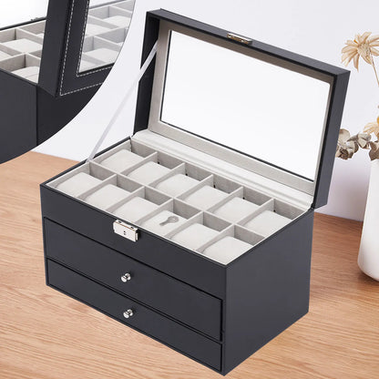 3 Layer Black Leather Watch and Eyeglasses&Sunglasses Box Mens Womens Jewelry Box Watch Organizer Necklace Ring Earring Storage