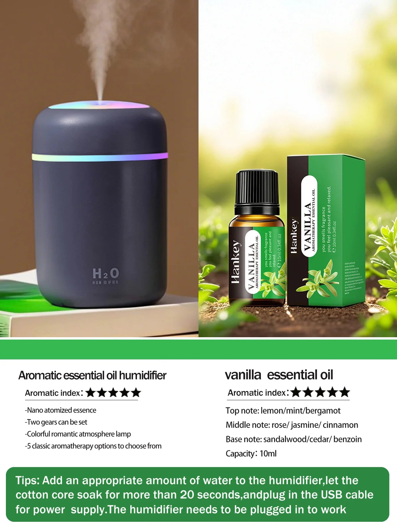 300ml Aromatherapy Diffuser Humidifier Air Purifier Car Home Use Seven-color Light Aromatherapy Essential Oil