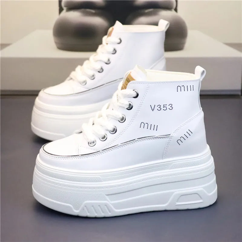 High Top Fashion Sneakers White Chunky Platform Wedge Shoes 12cm 14cm Height Increased Woman Sports Casual Shoe Tennis Female