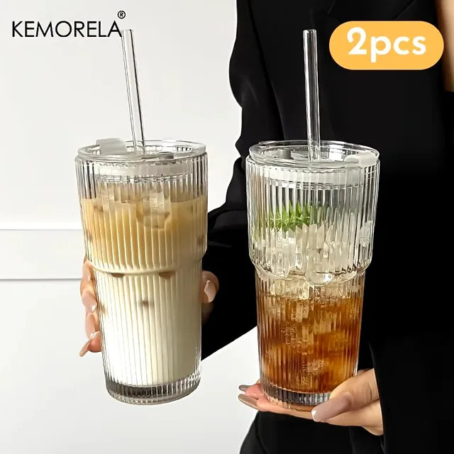 Copo De Vidro Transparente Com Tampa E Palha, Caneca De Café De Gelo, Xícara De Chá, Suco, Leite, Copos De Água, 450ml, 1 Pc, 2Pcs