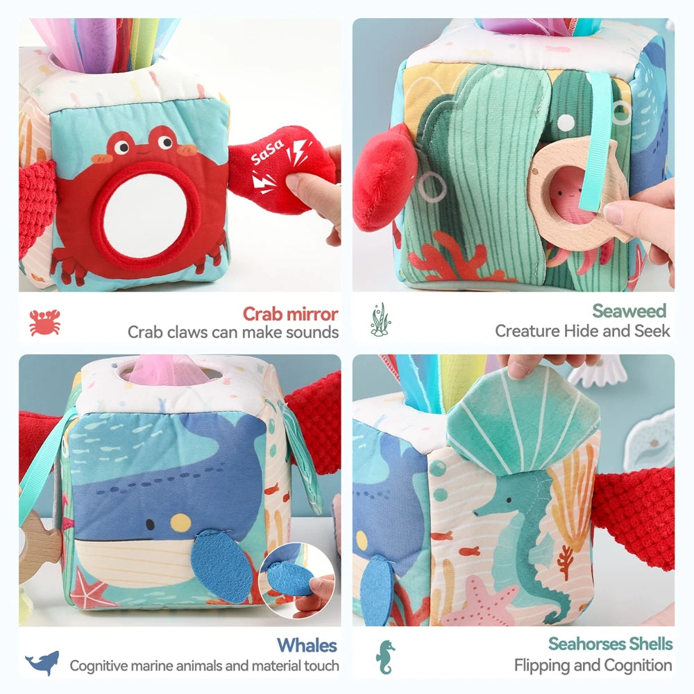 Baby Toys Magic Tissue Box Cotton Finger Exercising Montessori Busy Board Game Educational Toy Soft Rattle Game Ocean Cloth Book