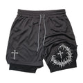 Cross Print 2 in 1 Workout Running Shorts for Men Christian Gym Performance Shorts with Phone Pocket Towel Loop Athletic Outfits