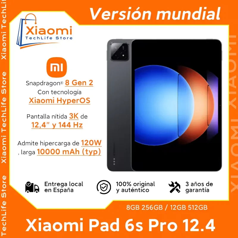 Versión global Xiaomi Pad 6S Pro Snapdragon® 8 Gen 2 HyperOS Pantalla 3K de 12,4" y 144 Hz HyperCharge de 120 W 10 000 mAh (típico) Batería de 120 W