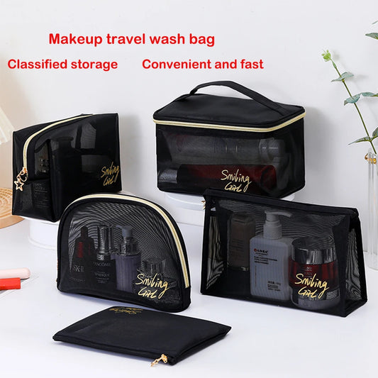 1pc Black Mesh Women's Cosmetic Bag Transparent Travel Cosmetics Brushes Organizer Beauty Case Small Large Toiletry Makeup Bag