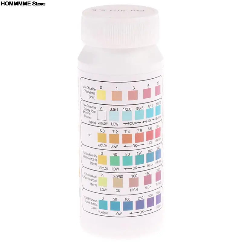 Tiras de prueba de cloro y pH multiusos 6 en 1, 50 unidades por botella, para piscinas y spas.