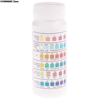 Tiras de prueba de cloro y pH multiusos 6 en 1, 50 unidades por botella, para piscinas y spas.