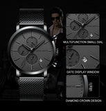 HANNAH MARTIN Brand Men Watch Black Stainless Steel Waterproof Fashion Sports Multifunctional Quartz Wristatch Relogio Masculino
