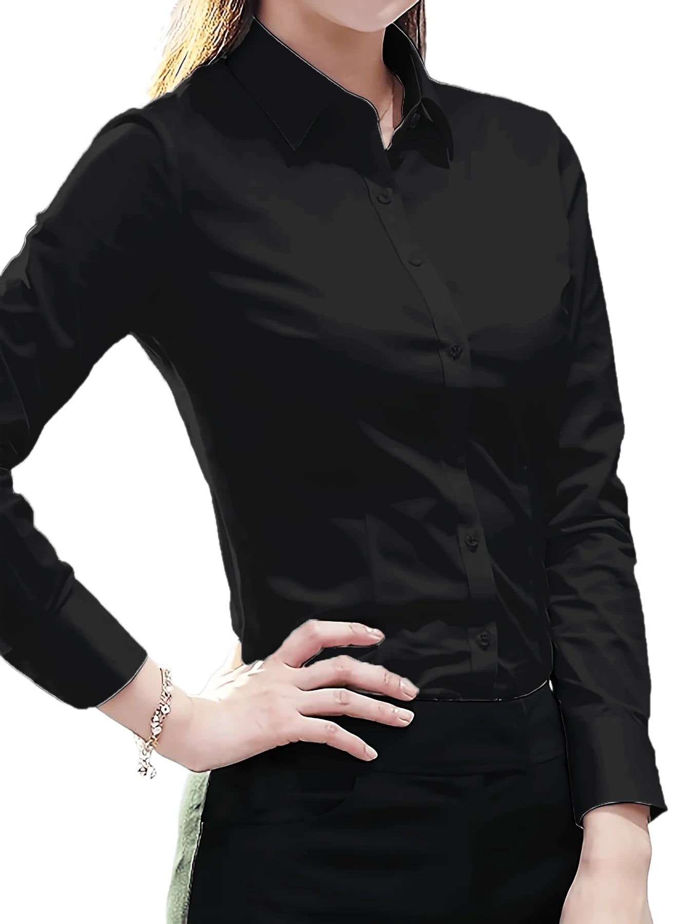 Elegant All-Season Solid Shirt Slim Button Tops Fashion White Shirt Turn-down Collar Women's Long Sleeve Blouse
