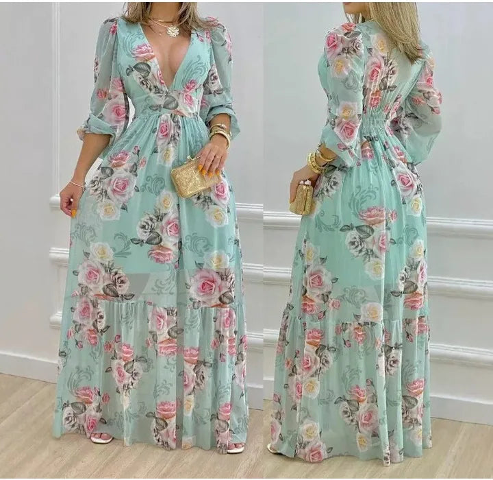 Maxi Dress for Women V-Neck Sleeveless Floral Printed Lantern Sleeve Large Swing Skirt High Waist Loose Dresses 2024 Summer New