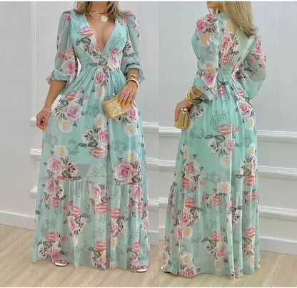Maxi Dress for Women V-Neck Sleeveless Floral Printed Lantern Sleeve Large Swing Skirt High Waist Loose Dresses 2024 Summer New