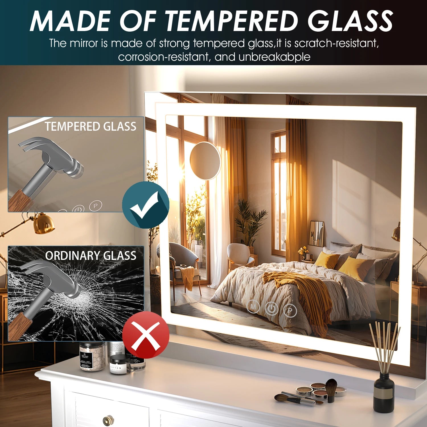 Makeup Mirror with LED Light Bar Dimmable Bluetooth USB Charging port Lighting Cosmetic Mirror for Bathroom Dressing table Wash