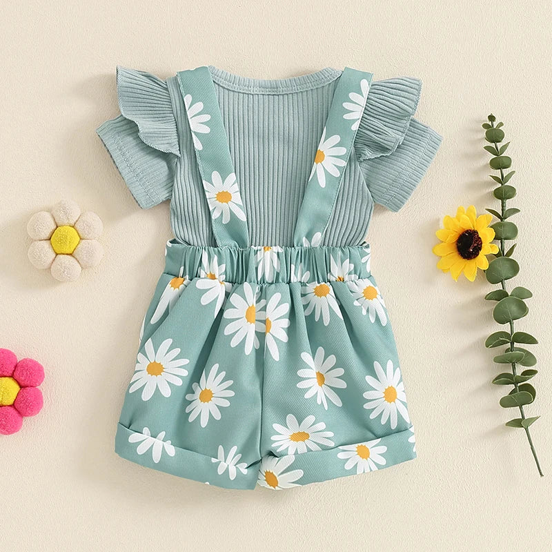 Pudcoco Infant Baby Girls Shorts Set, Short Sleeve Romper with Flower Print Suspender Shorts Summer Outfit 0-18M