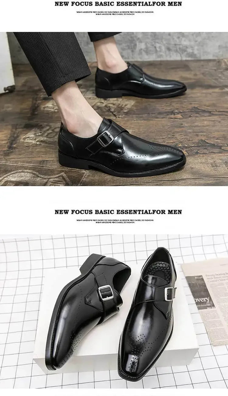 Large Size 48 Men's Leather Shoes with Buckle, Block Carving, Slip-On, Square Toe, Board Shoes, Trendy Adult Footwear
