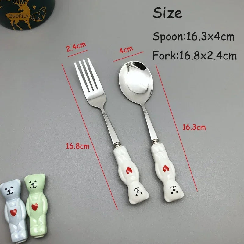 New Cute Bear Spoon Fork Ceramic Dessert Milk Fruit Salad Spoons Cartoon Flatware Kid Cutlery Tableware School Picnic Dinnerware