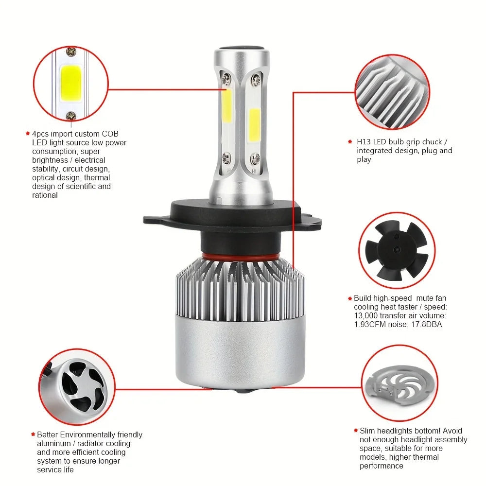 2pcs Ultra-Bright H7 H4 Led Car Headlights 150W High Power 24000Lm 6000K White Cob Chips With Cooling Fan Longer Lifespan