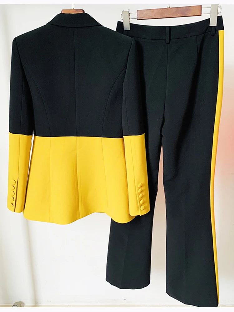 HIGH QUALITY Newest 2025 Star Style Fashion Designer Runway Suit Set Women's Single Button Color Block Blazer Flare Pants Suit