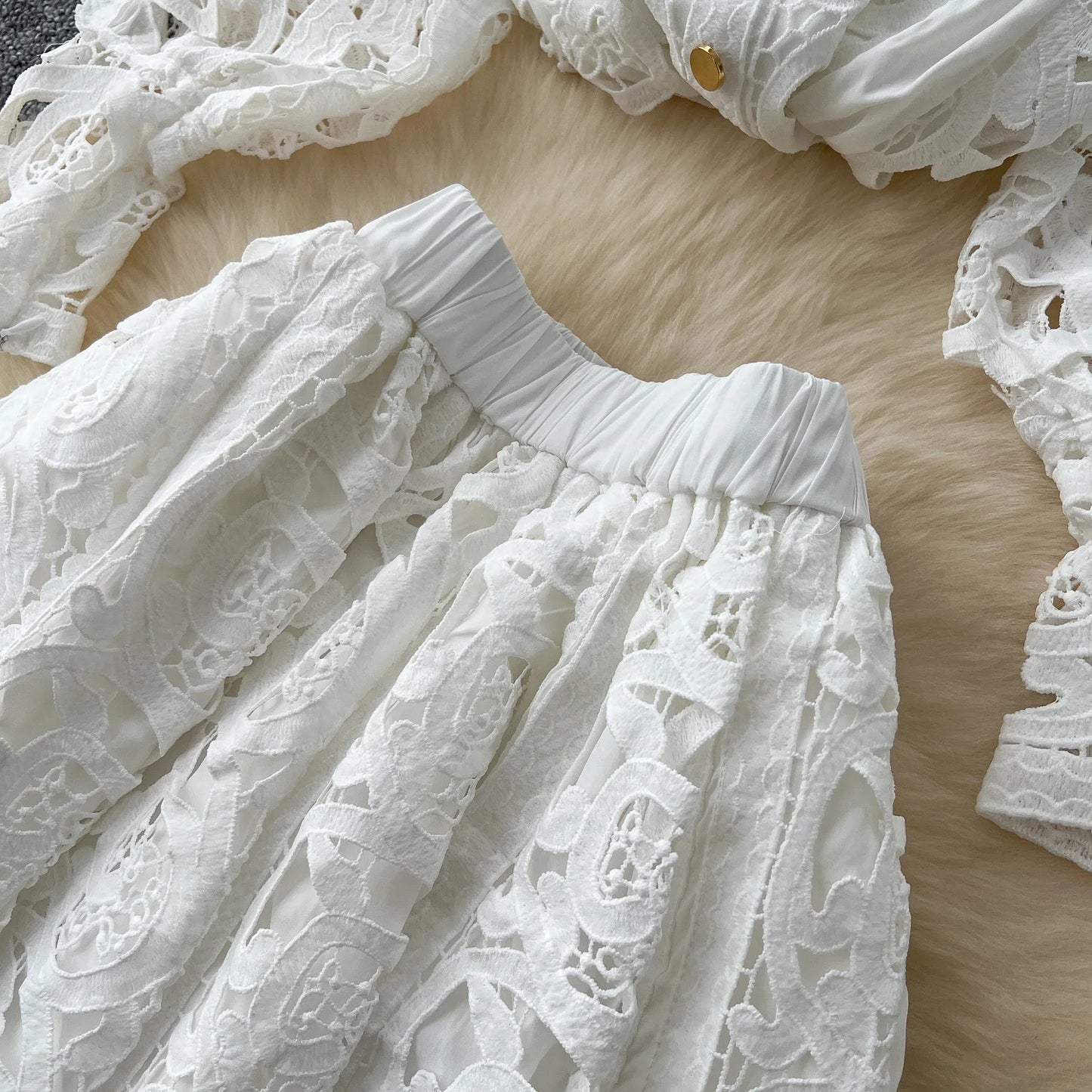 Autumn Crochet White Lace Embroidery 3 Pieces Sets Women Dress Suits Hollow Out Loose Shirt Top Elastic Waist Maxi Skirt Suit