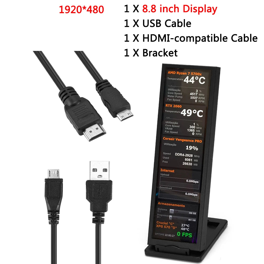 3/5/8.8inch IPS USB Secondary Screen HD-MI Computer CPU GPU RAM HDD SSD Monitor USB Sub Display 480X1920 For Raspberry Pi Linux