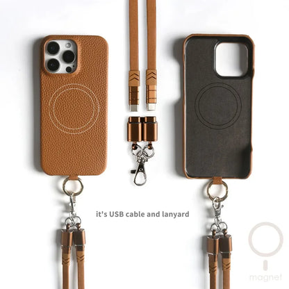 Funda de piel auténtica personalizable con cordón de carga para iPhone 16 Pro Max, 15, 14, 13, 12 y 11, con funda magnética.