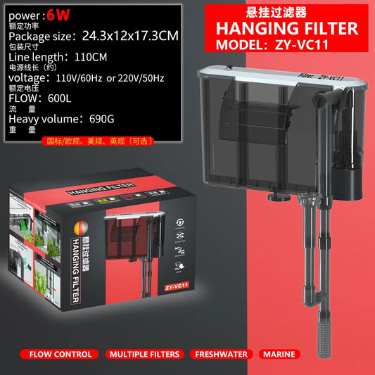3/4/5/6W Wall Mounted Aquarium Filter Waterfall Filter for Small Fish Tank Filtering Equipment with Filter Media and Circulating