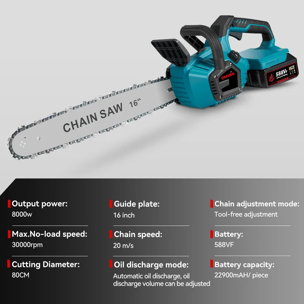 16-Inch 8000W Brushless Electric Chainsaw with LED and Auto-Oiling, Cordless Woodworking Garden Chain Saw Power Tool for 21V 18V Battery