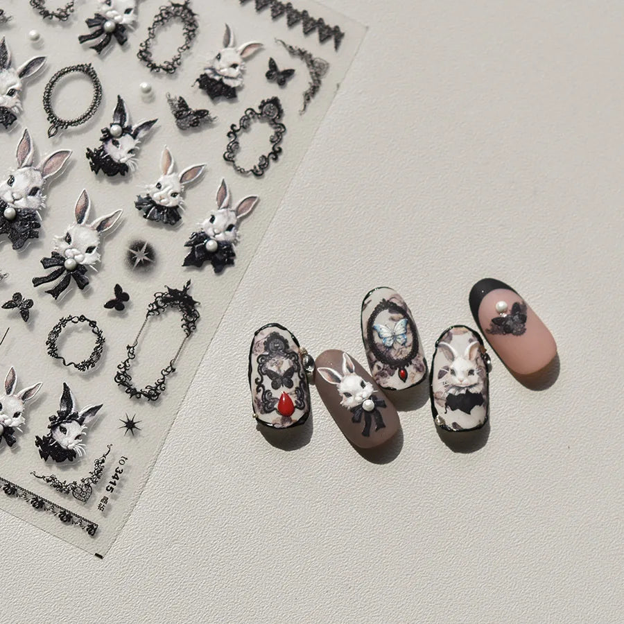 Japanese Punk Style Black Rabbit & Dark Butterfly Nail Stickers 5D Pearl Nail Art Decal Design Manicure Tool High Quality