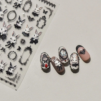 Japanese Punk Style Black Rabbit & Dark Butterfly Nail Stickers 5D Pearl Nail Art Decal Design Manicure Tool High Quality