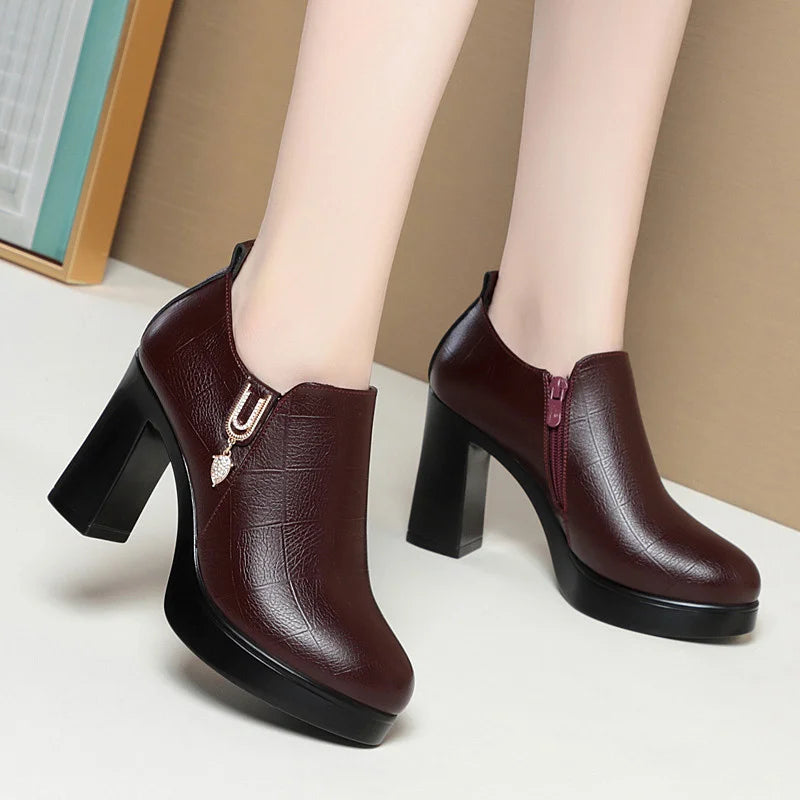 Comfortable Deep Mouth Soft Leather Anti-slip  Shoes Platform Spring 2024 Women's Block Black High Heels Office Mother Shoes