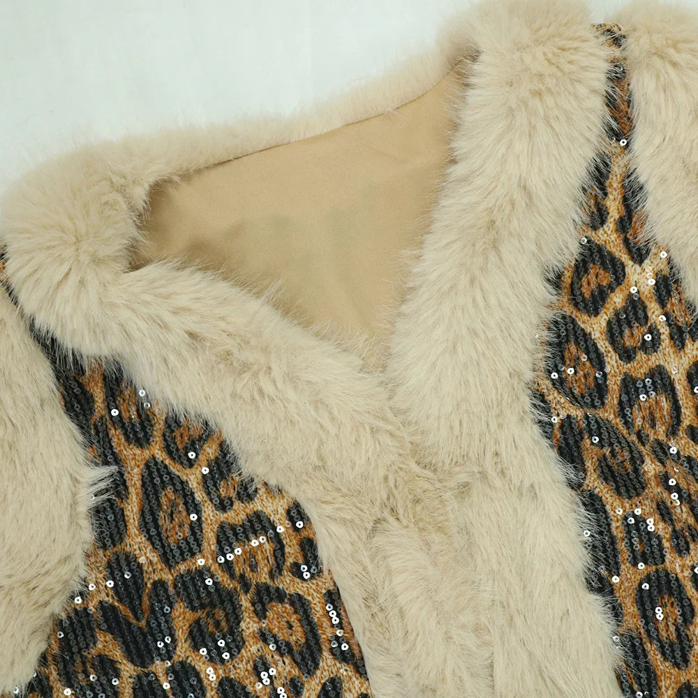 CM.YAYA Conjunto de mujer sin mangas de piel de leopardo con lentejuelas, cuello en V, chaleco de lana y pantalón, conjunto de 2 piezas Street Two 2024, chándal