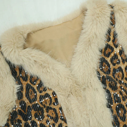 CM.YAYA Conjunto de mujer sin mangas de piel de leopardo con lentejuelas, cuello en V, chaleco de lana y pantalón, conjunto de 2 piezas Street Two 2024, chándal