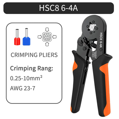 Kit de crimpadora de casquillos hexagonales autoajustables con trinquete, 23-7 AWG, 0,25-10 mm², con terminales de cable y casquillos