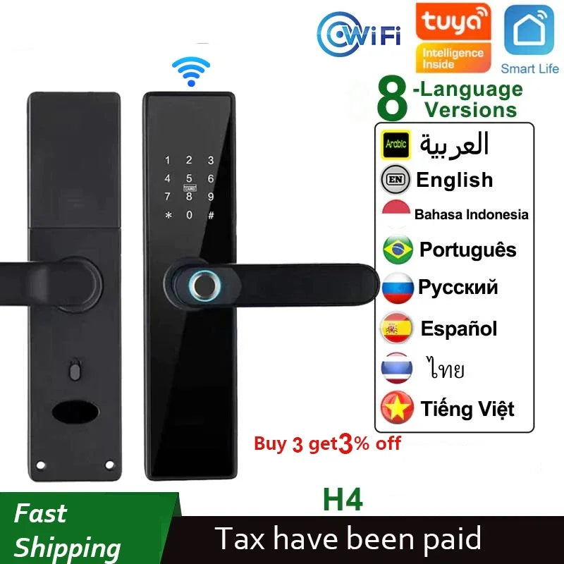 H4 Tuya Electronic Lock Wifi Smart Door Lock Fingerprint Lock Password IC Card Key USB Charge For Smart Home