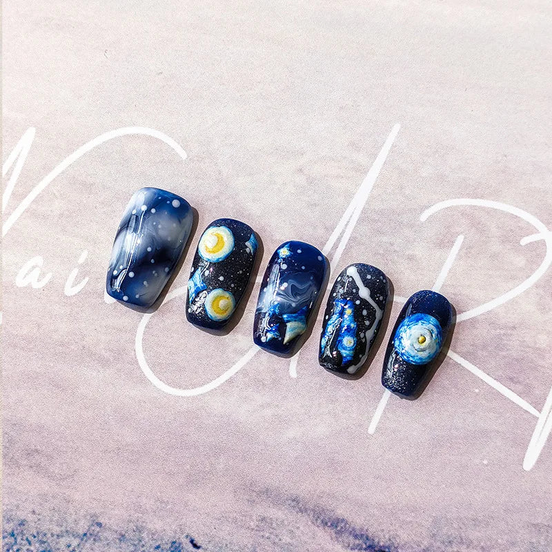 Blue Starry Night 5D Soft Embossed Relief Self Adhesive Nail Art Decoration Stickers Dressy White Stars 3D Manicure Decals Woman