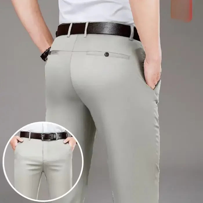 Pantalones casuales de seda helada para hombre, de negocios, formales, de verano, finos, rectos y holgados, para hombres de mediana edad.
